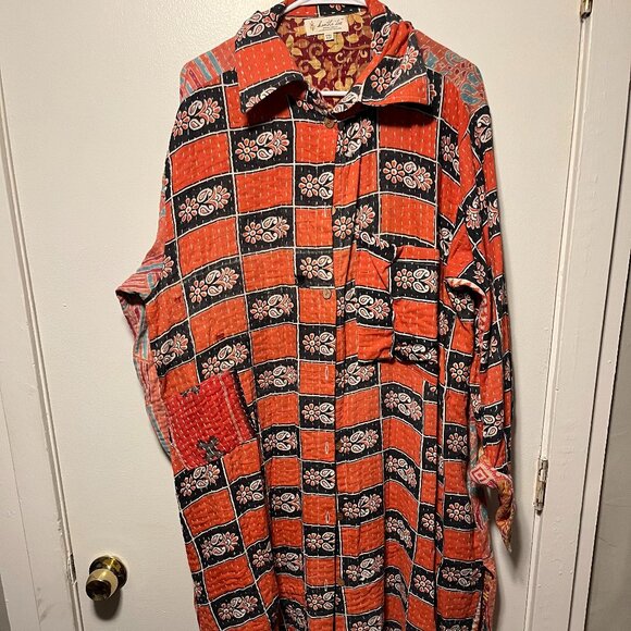 Kantha Bae Button Down Duster Dress Women's Free Size Multicolor Boho Patchwork - Picture 1 of 5